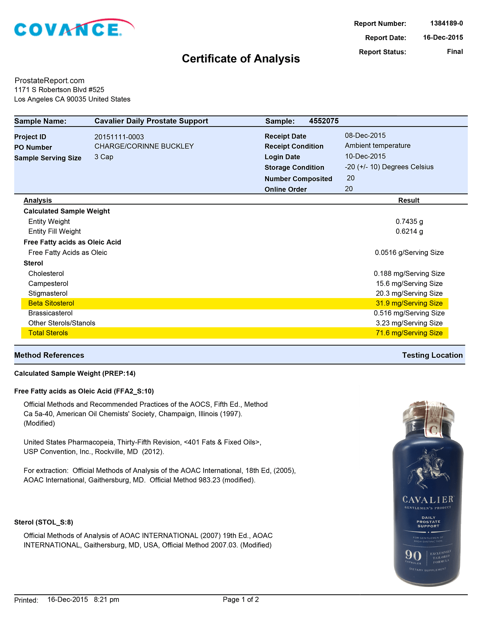 Cavalier Daily Prostate Support lab report 