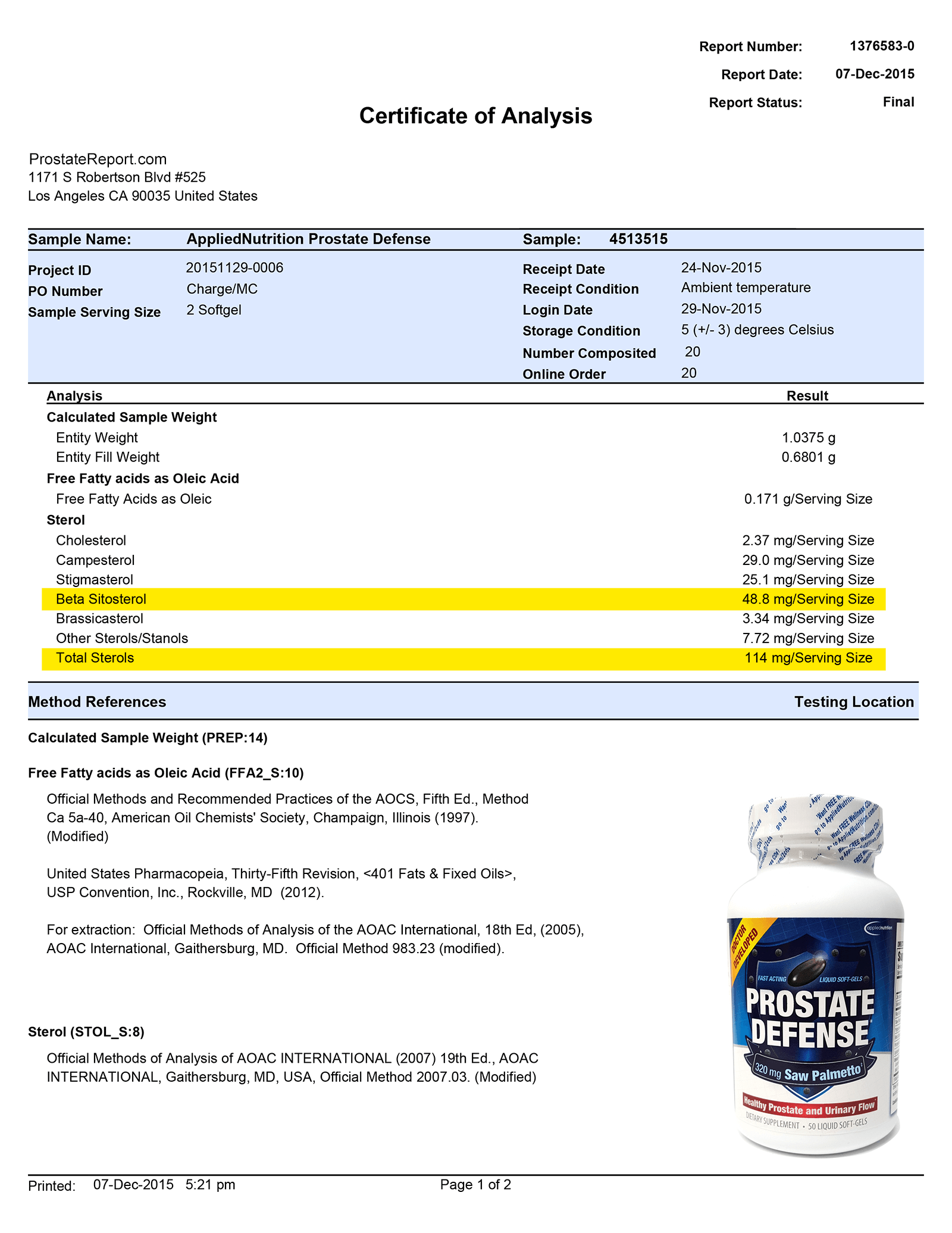 Prostate Defense lab report 