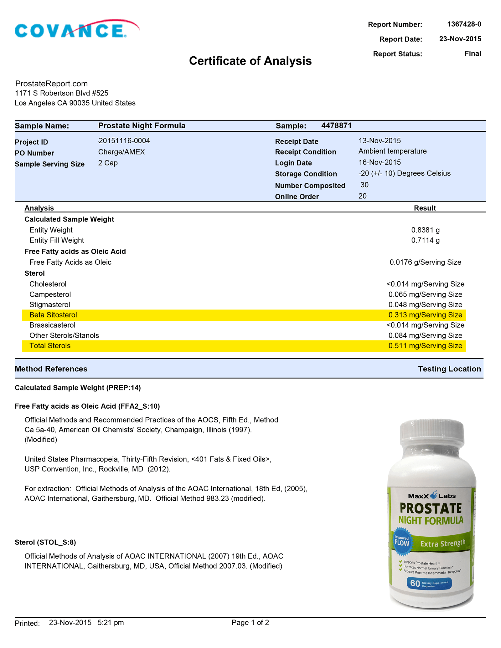 Prostate Night Formula lab report 