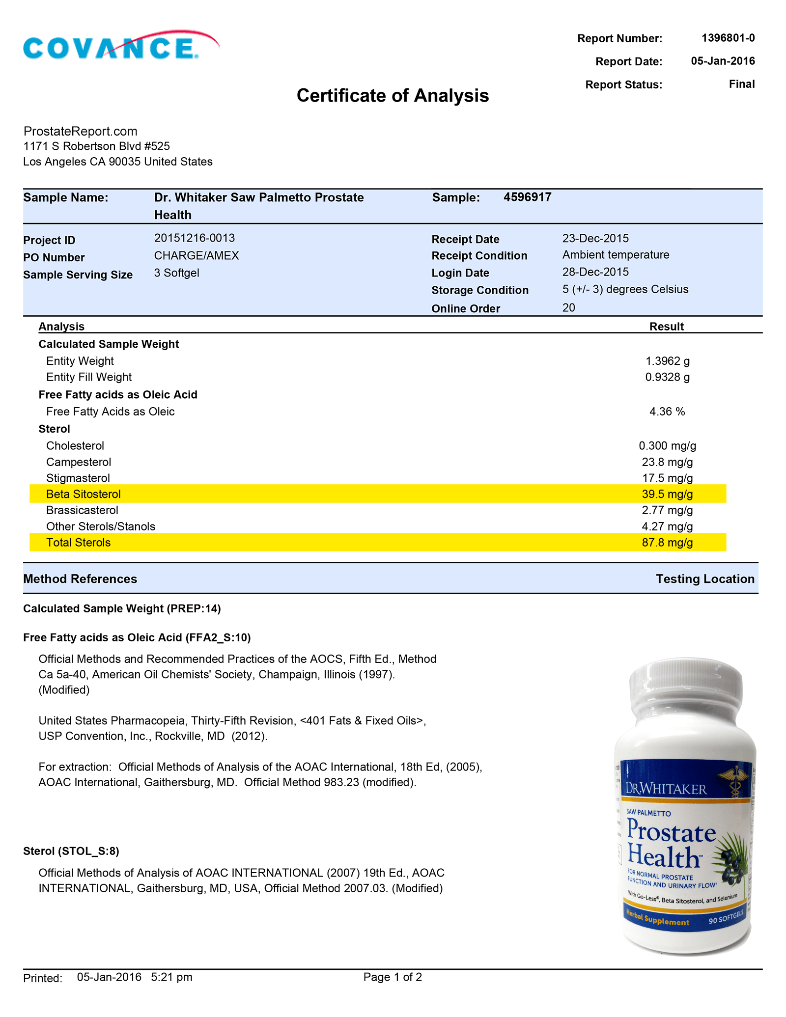 Saw Palmetto Prostate Health lab report 