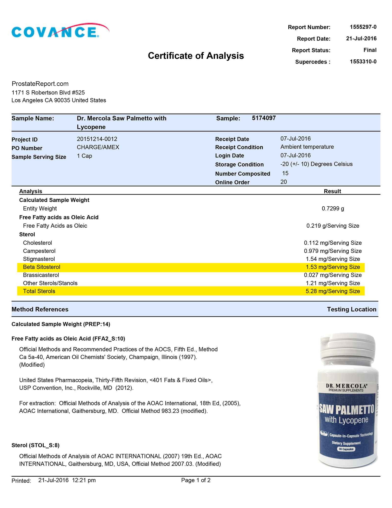 Dr. Mercola Saw Palmetto lab report 