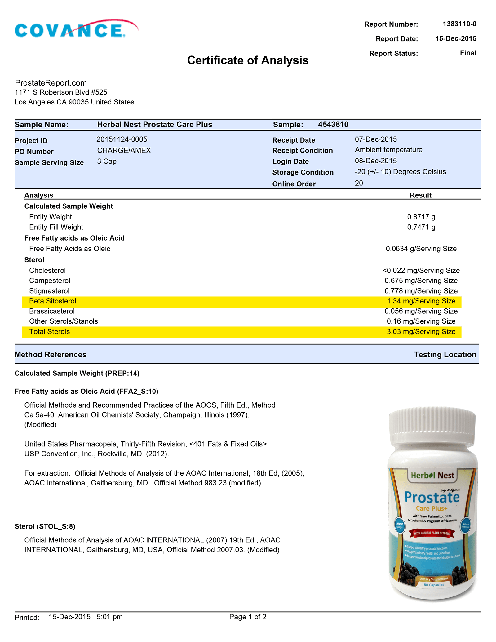 Prostate Care Plus lab report 