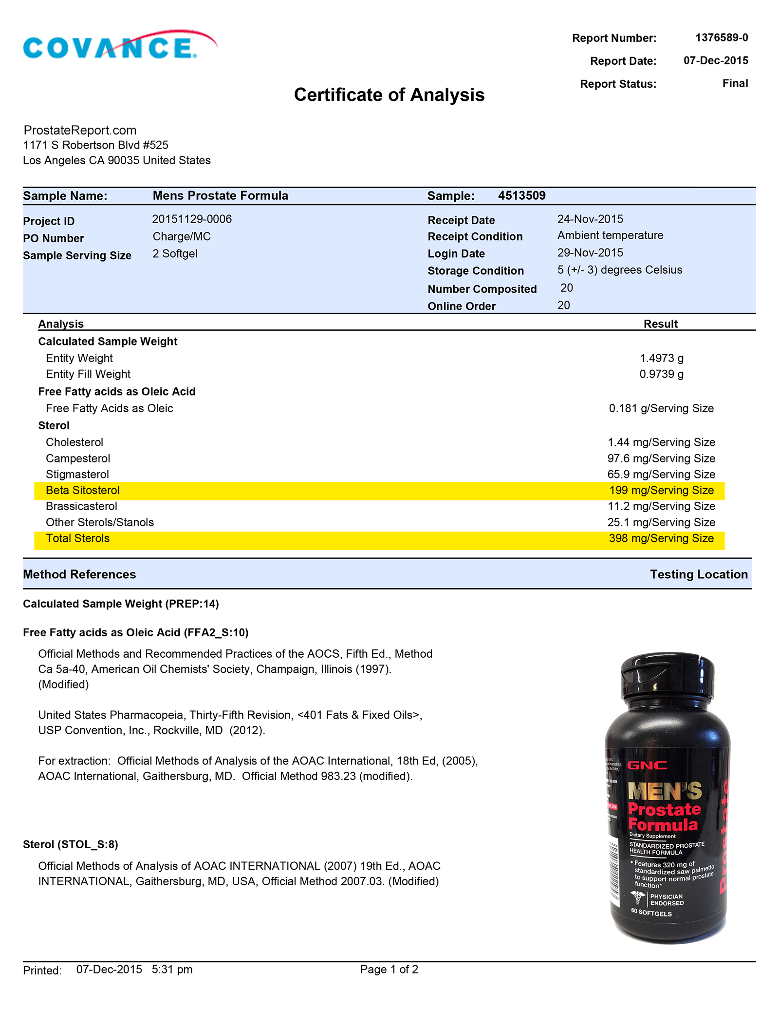 Men's Prostate Formula lab report 