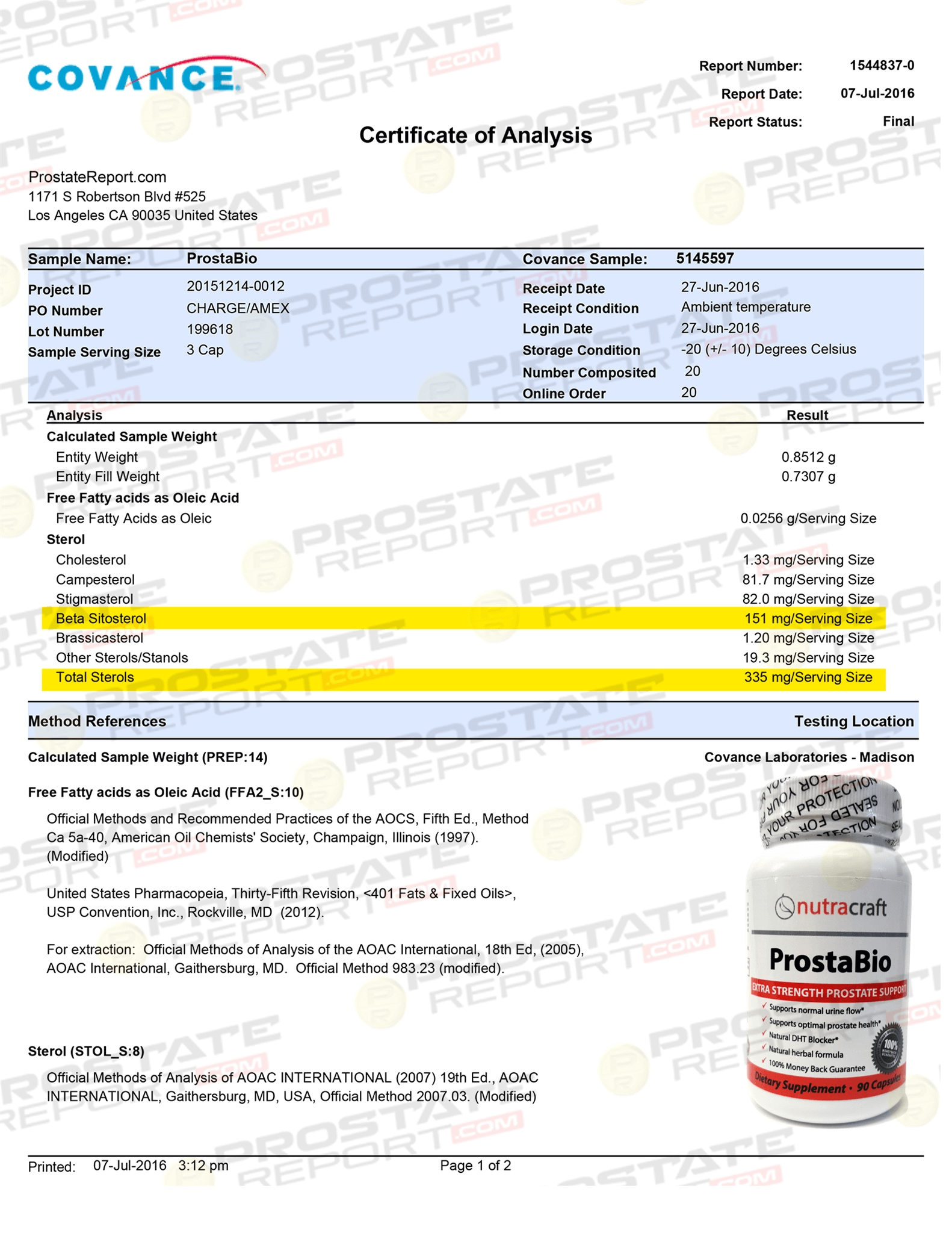 ProstaBio Lab Results from Covance Labs, the most prestigious Facilites in the USA ProstaBio lab report