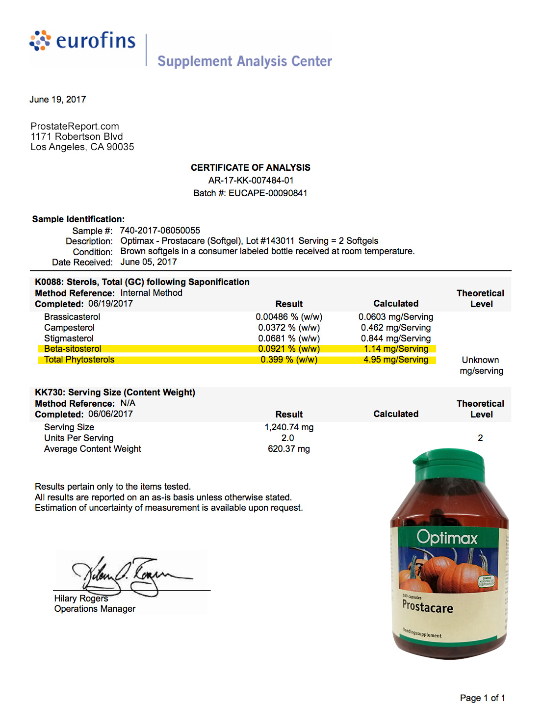 ProstaCare lab report 