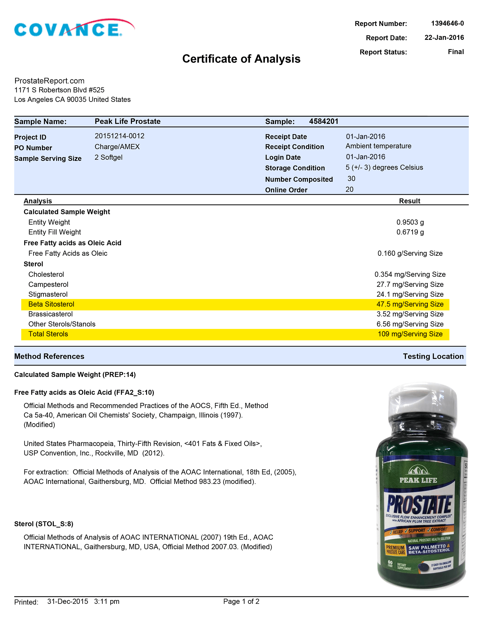 Peak Life Prostate lab report 