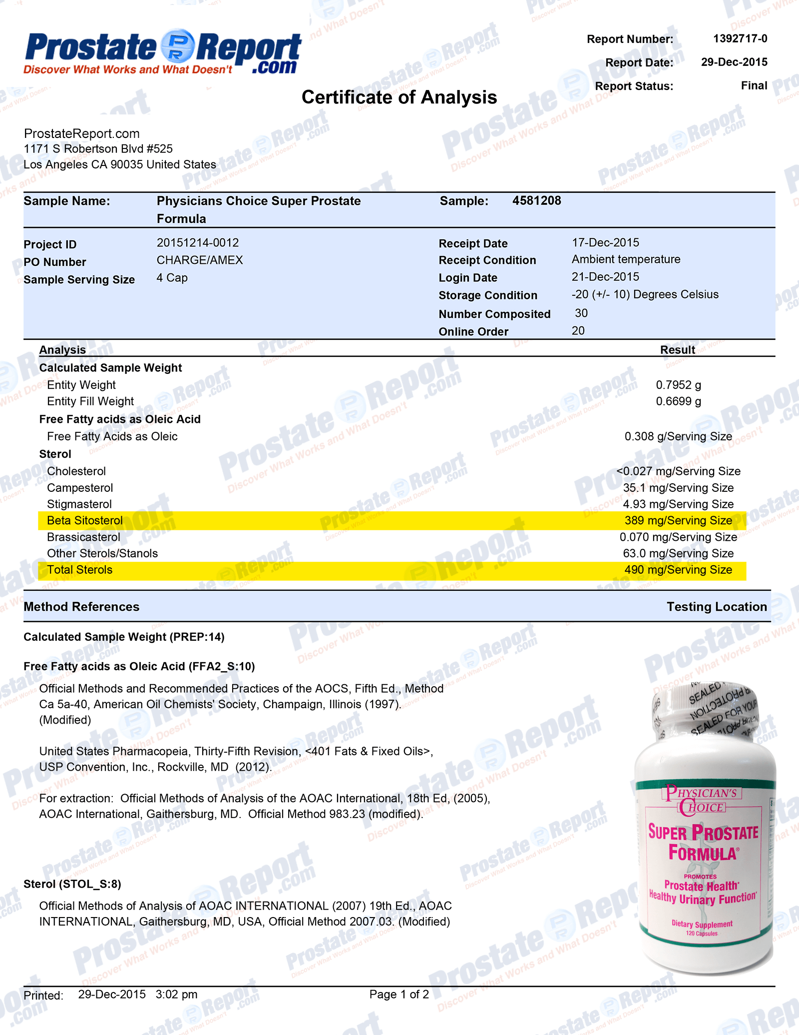 Super Prostate Formula lab report 