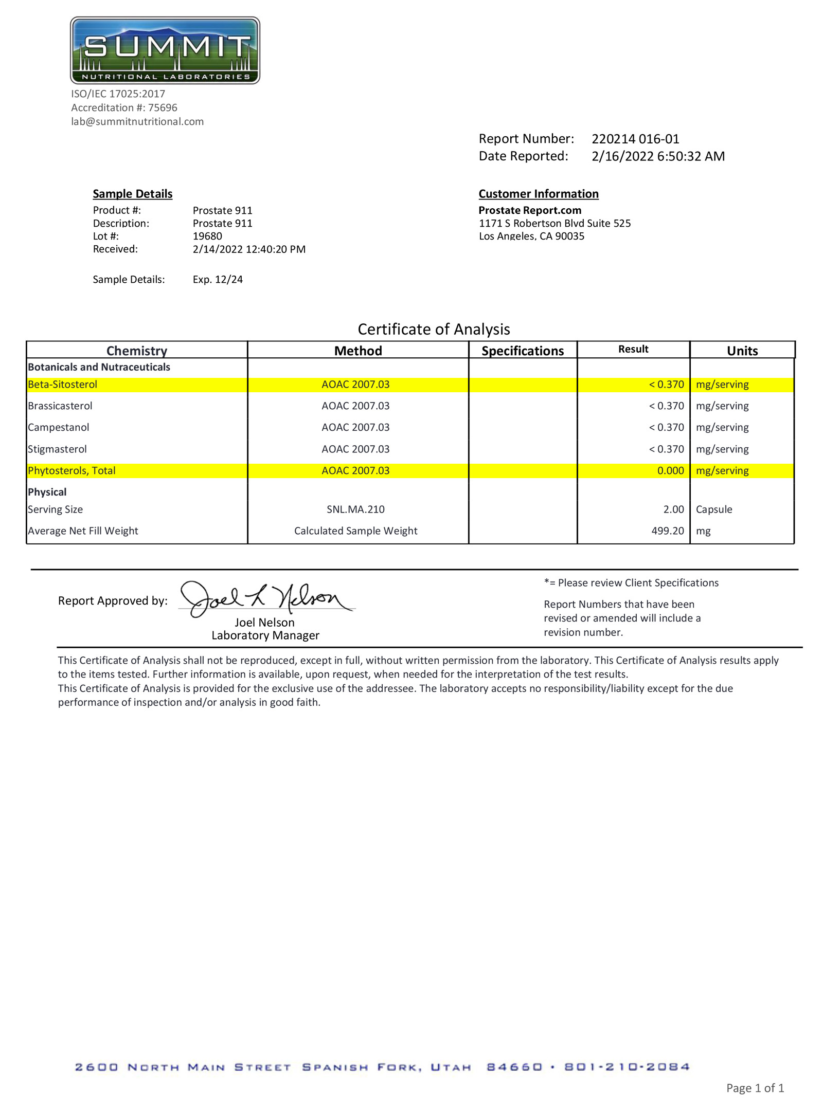 Prostate 911 lab report 