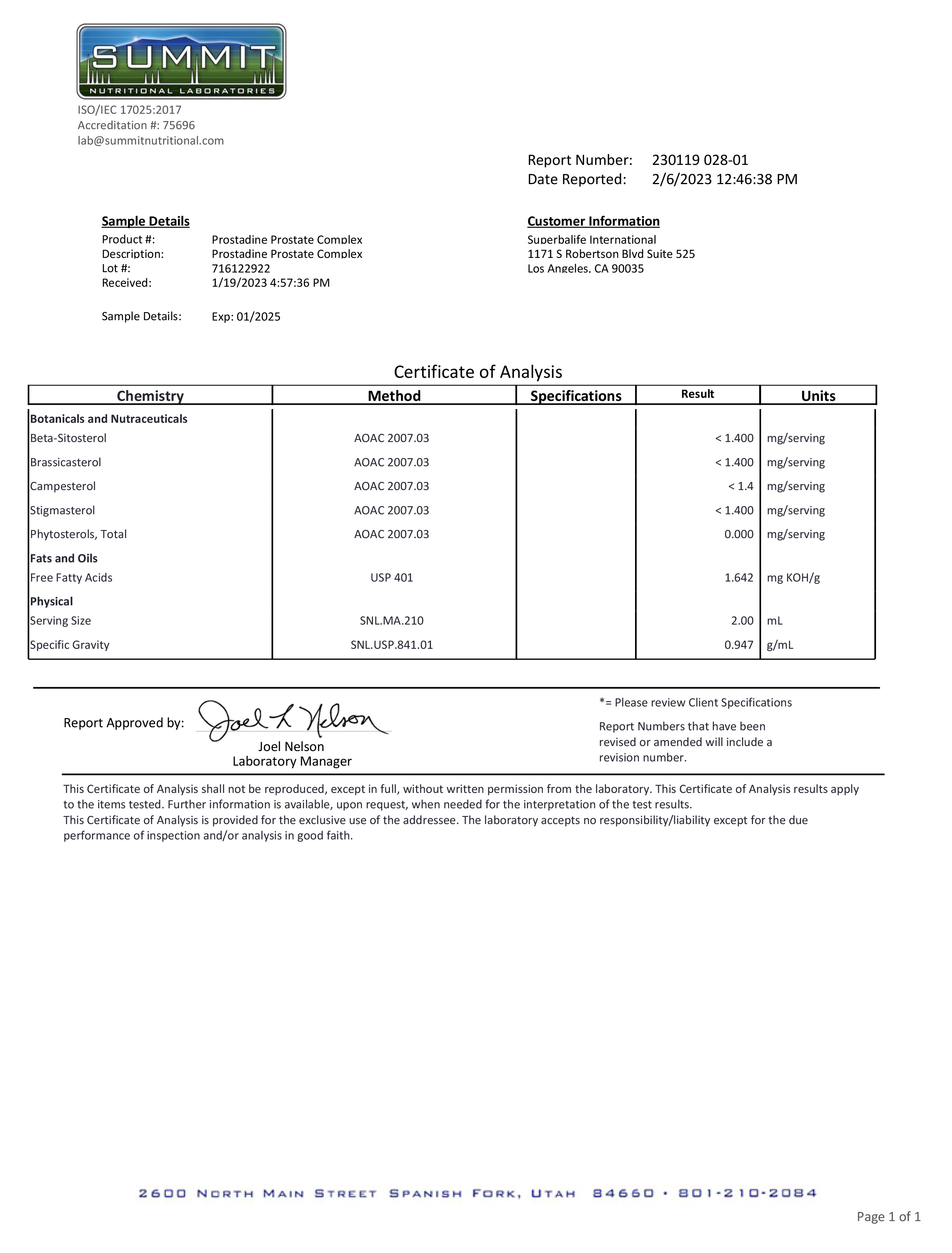 Prostadine lab report 