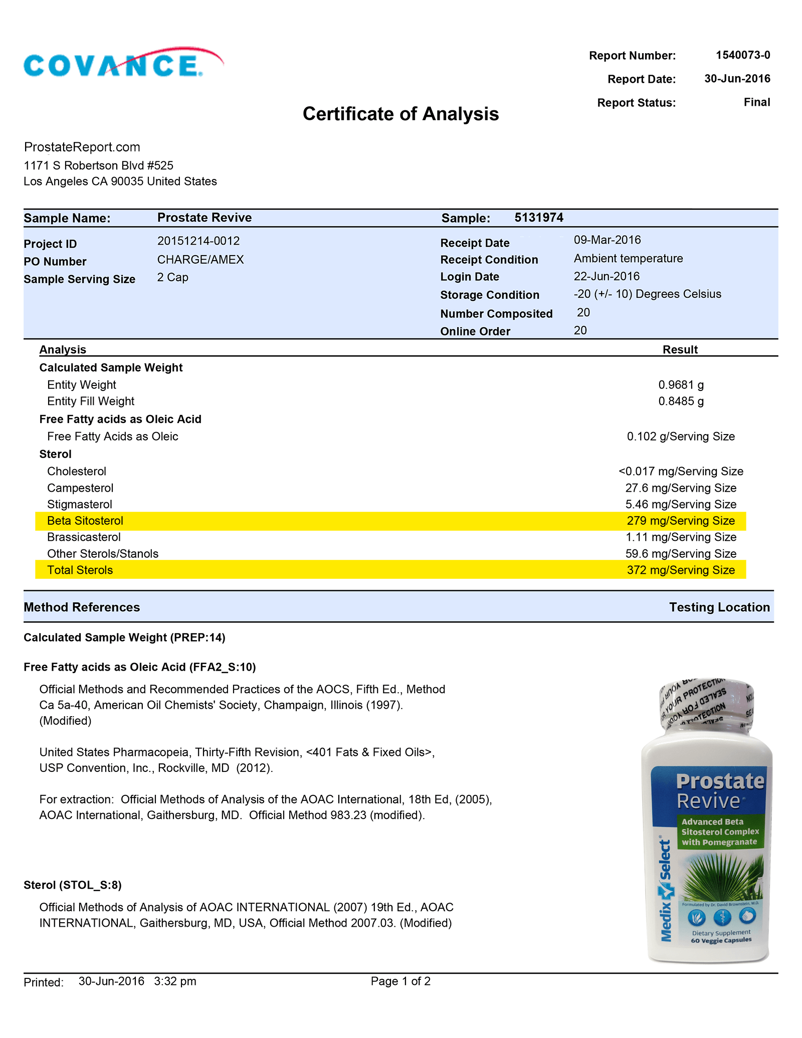Prostate Revive lab report 