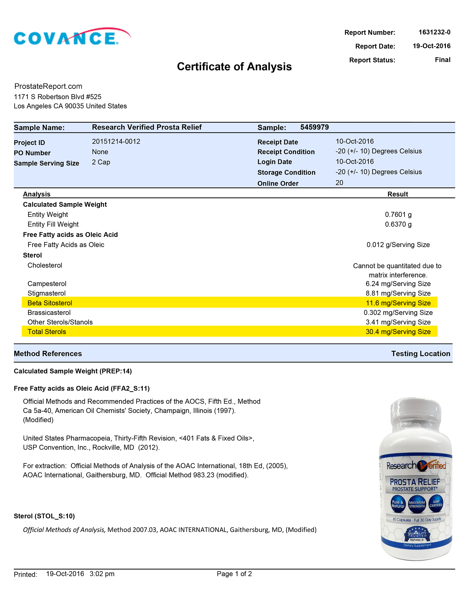 Prosta Relief Lab Results from Covance Labs, the most prestigious Facilites in the USA Prosta Relief lab report