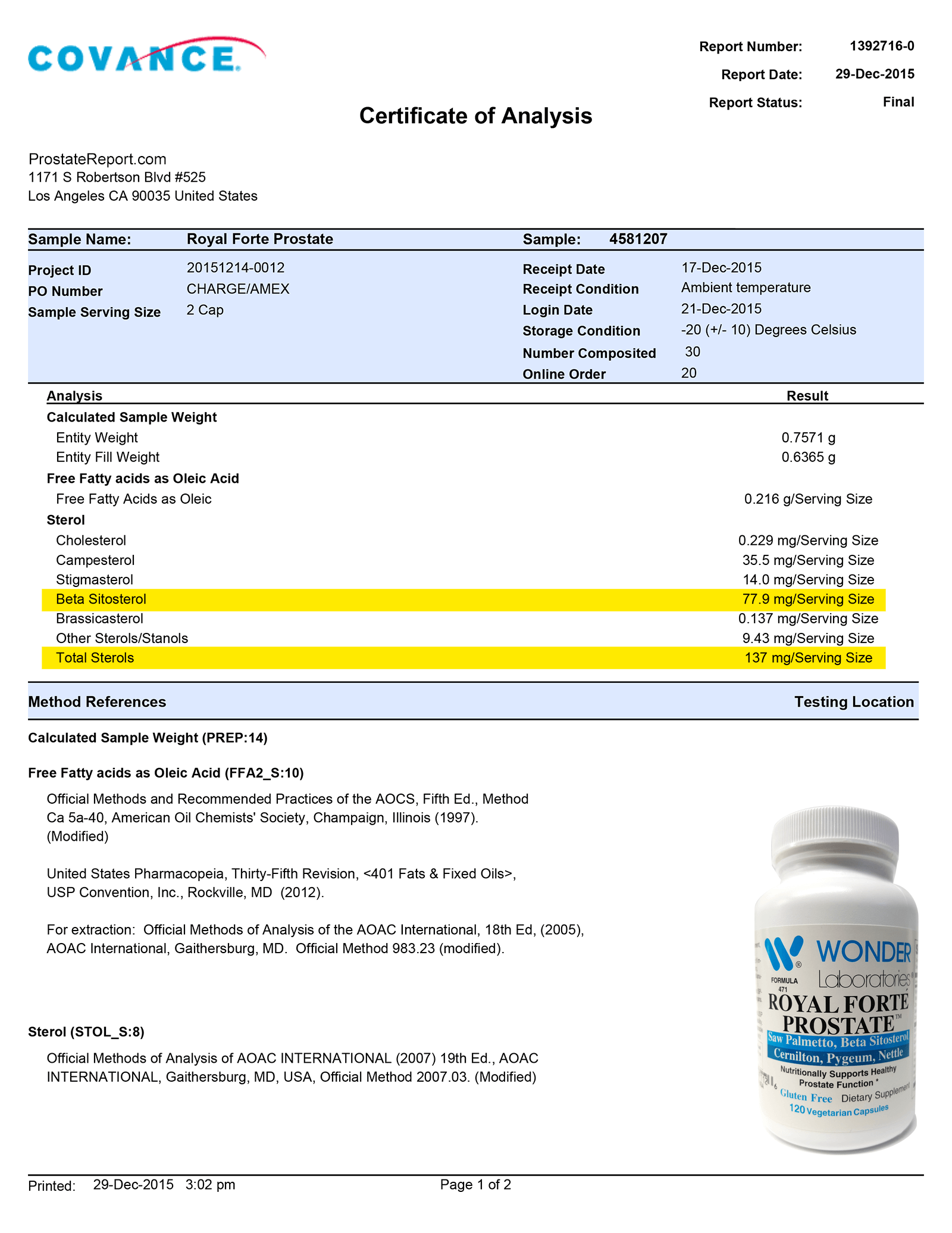 Royal Forte Prostate lab report 