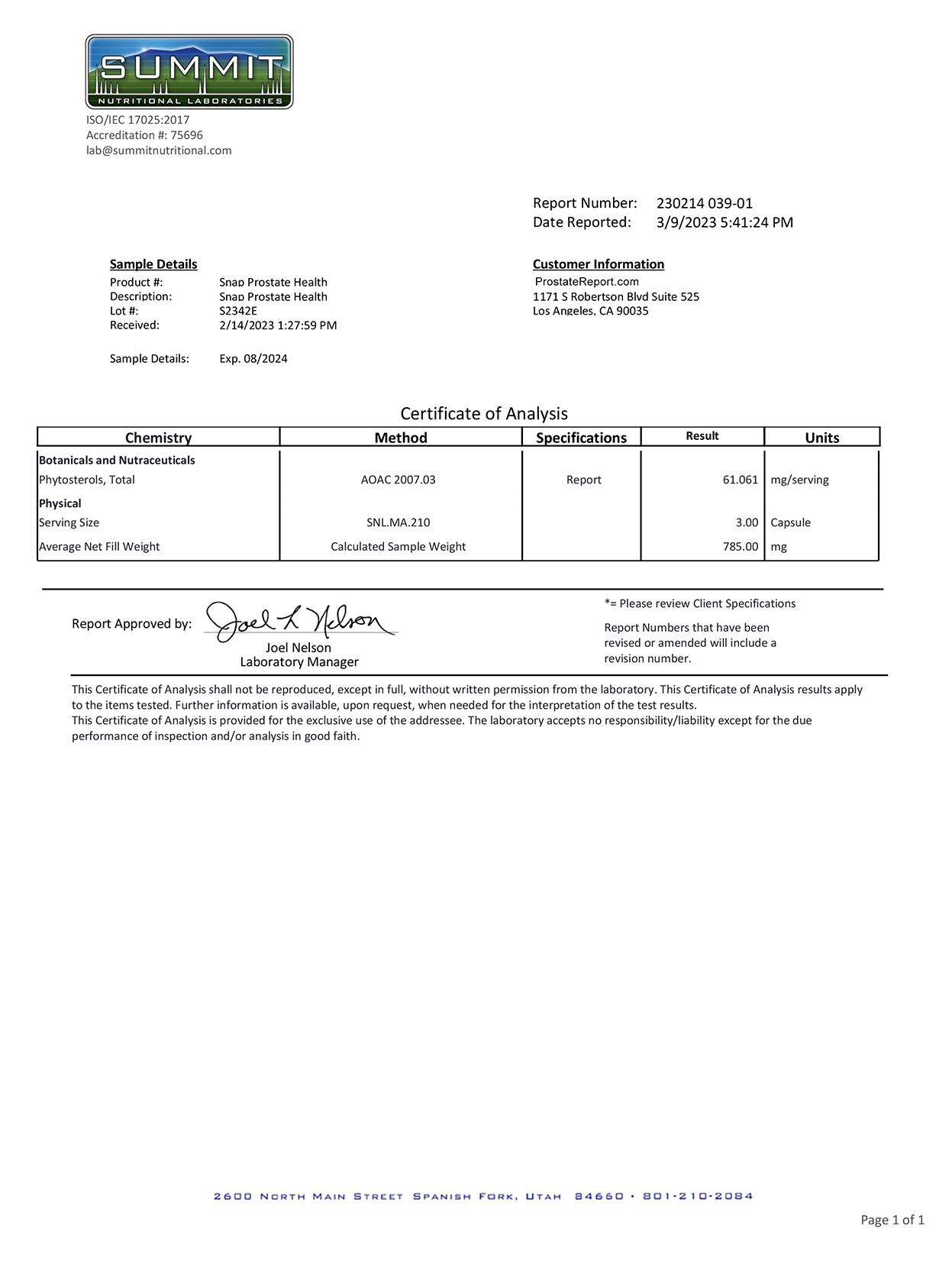 Prostate Health lab report 