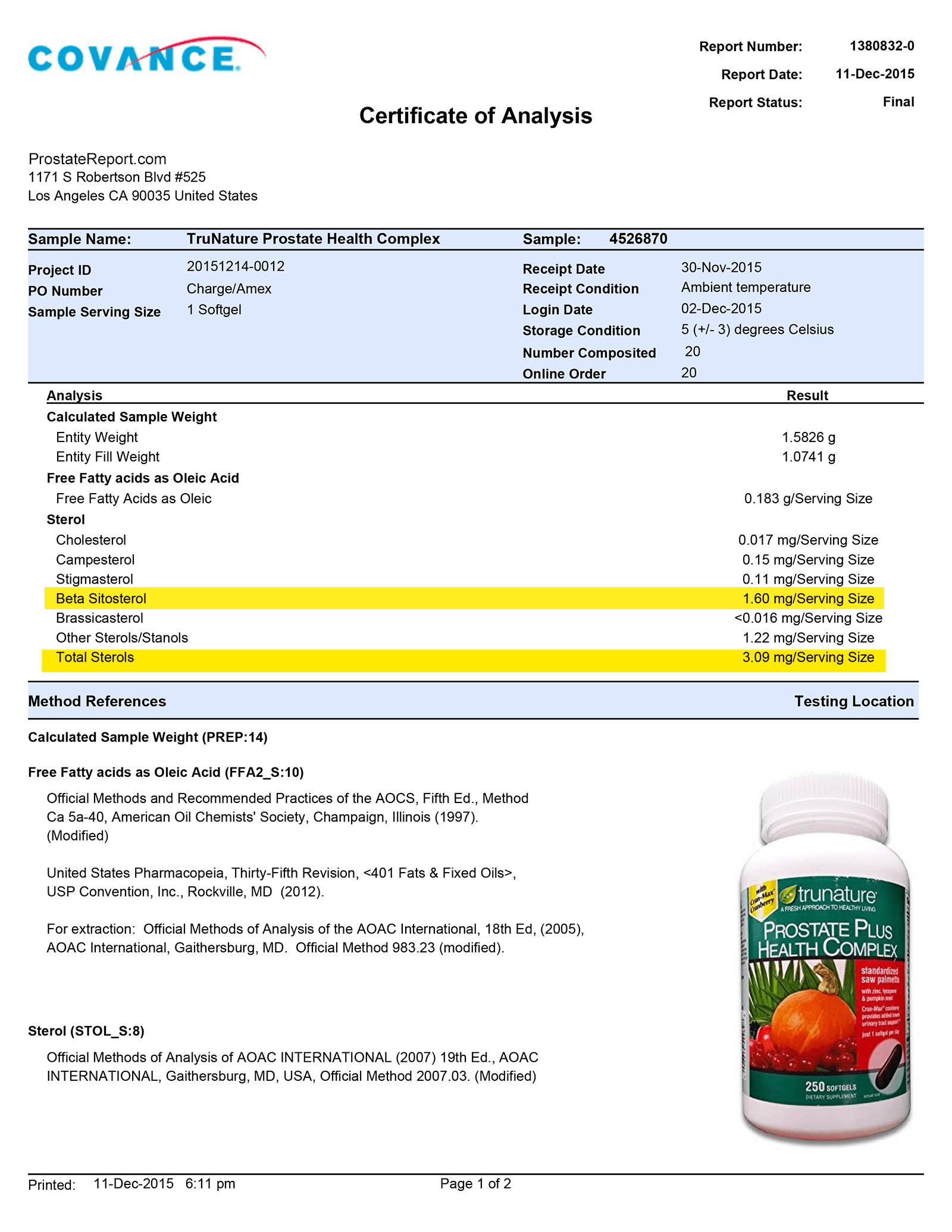 Prostate Plus Health Complex lab report 