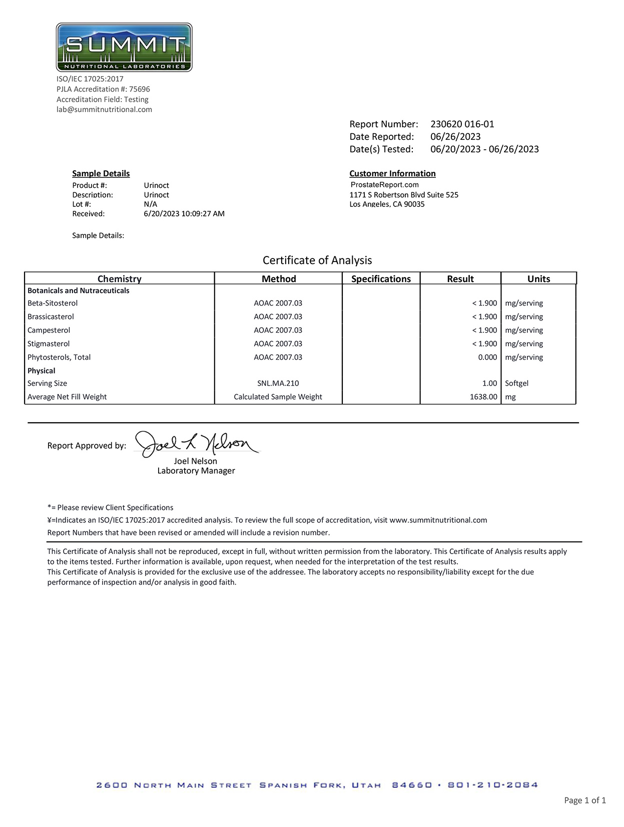 Urinoct lab report 