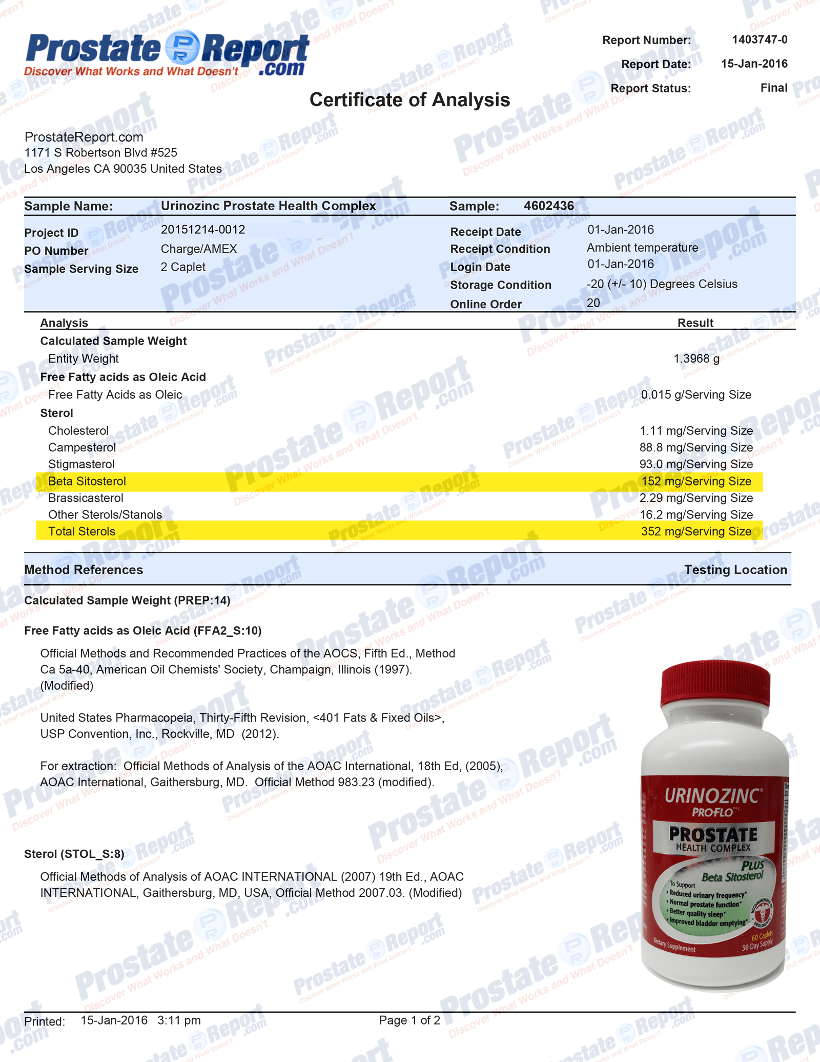 Urinozinc Prostate Health Complex lab report 