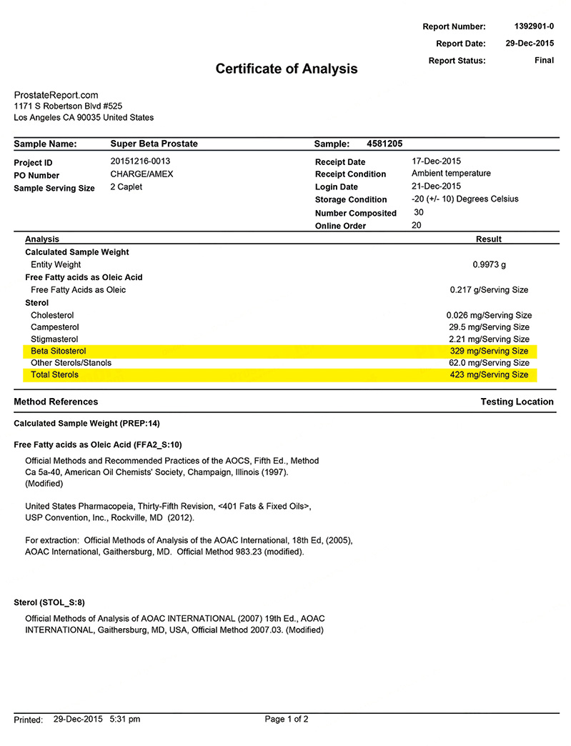 Super Beta Prostate lab report